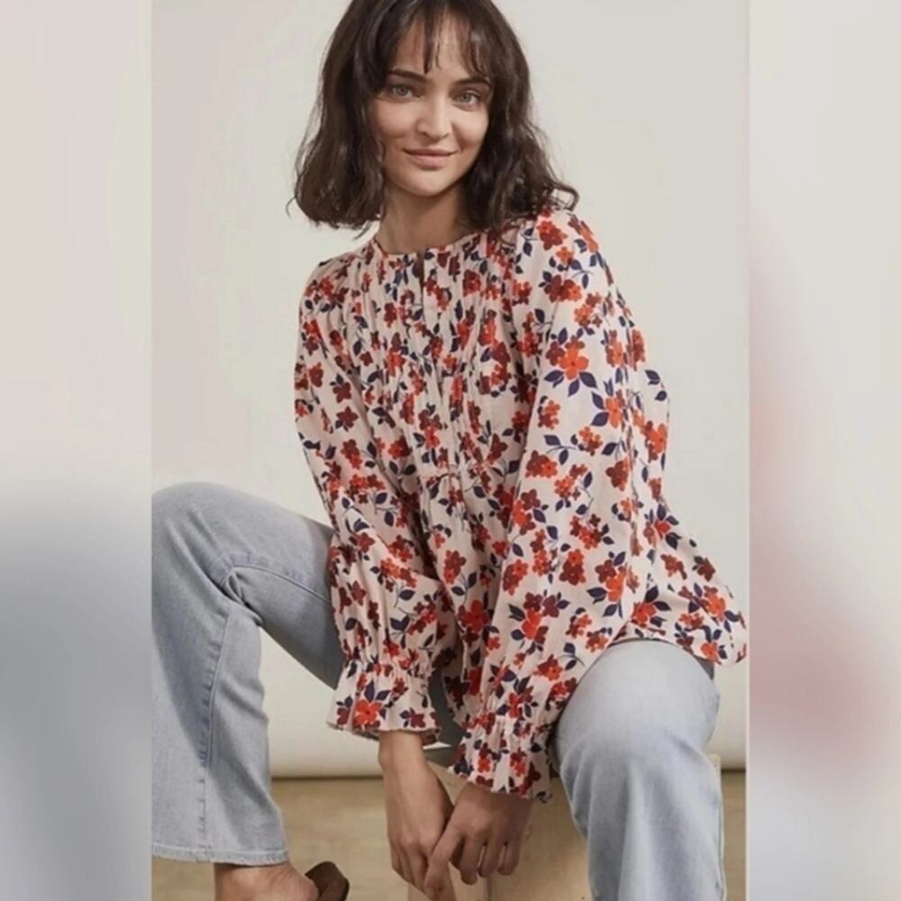 Elizabeth and James Floral Pintuck 100%‎ Cotton Blouse Long Sleeve Size M (C224)